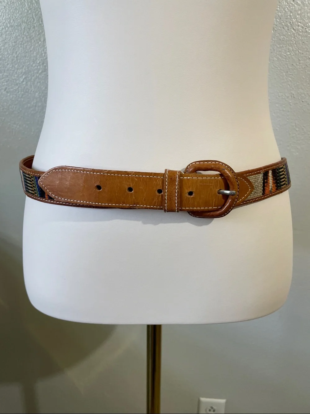 Boho Western Woven Tapestry Leather Belt Multicolor Brown Covered Buckle Sz 38